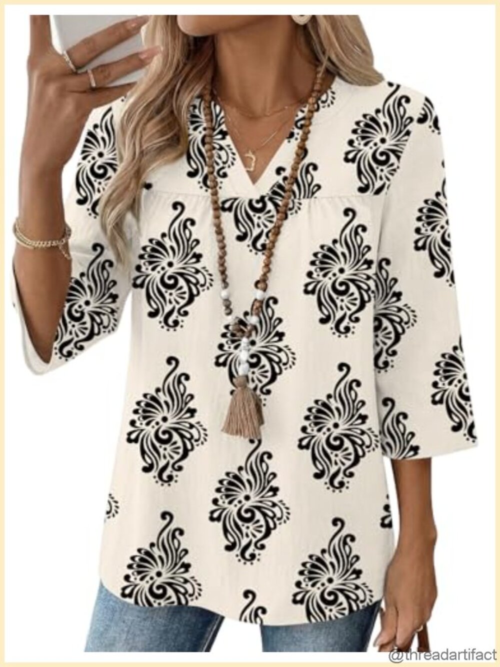 Women's Boho Pleated V-Neck 3/4 Sleeve Loose Fit Dressy Casual Blouse